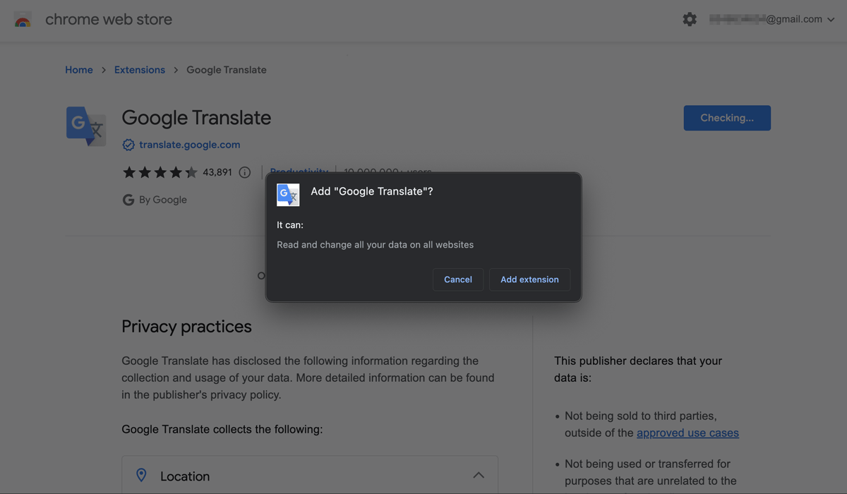The Google Translate extension asks for permission to