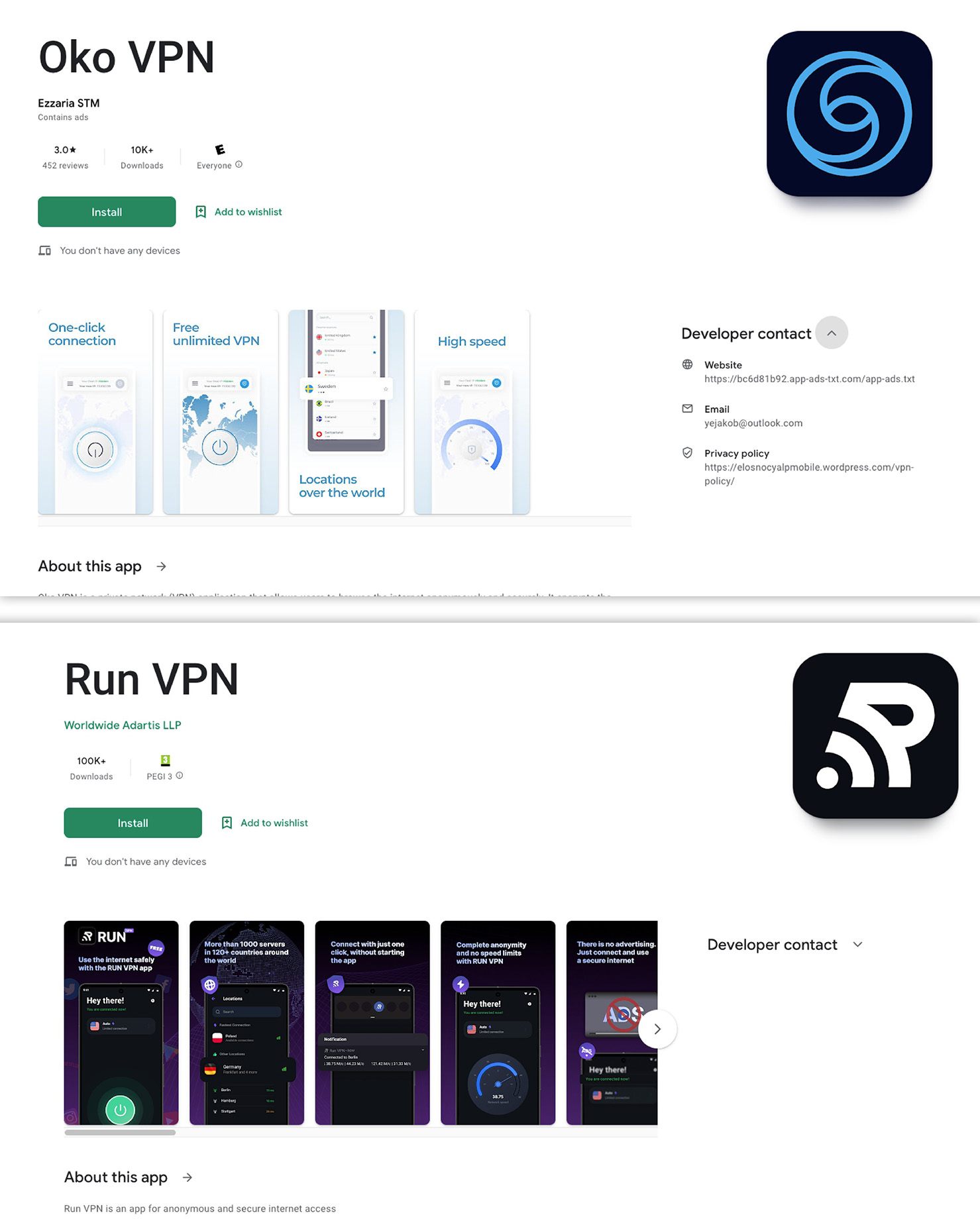 Oko VPN y Run VPN en Google Play
