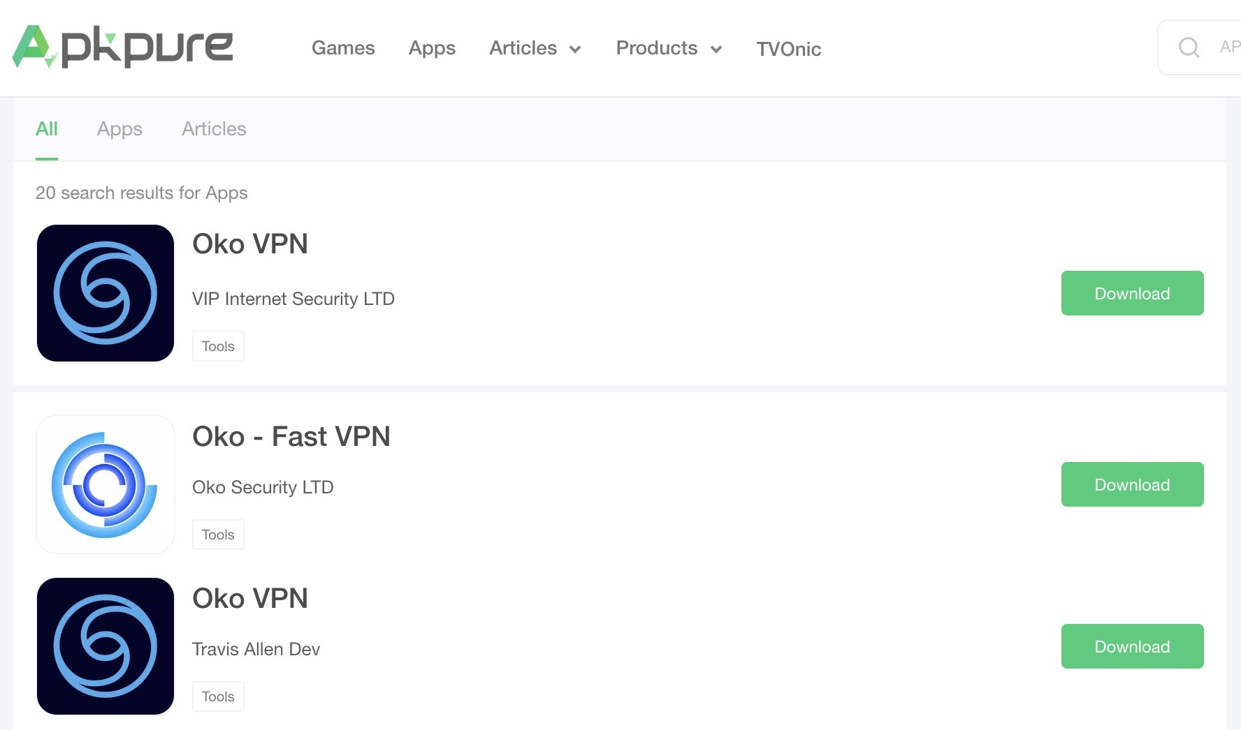 Oko VPN dans l'app store non officiel APKPure
