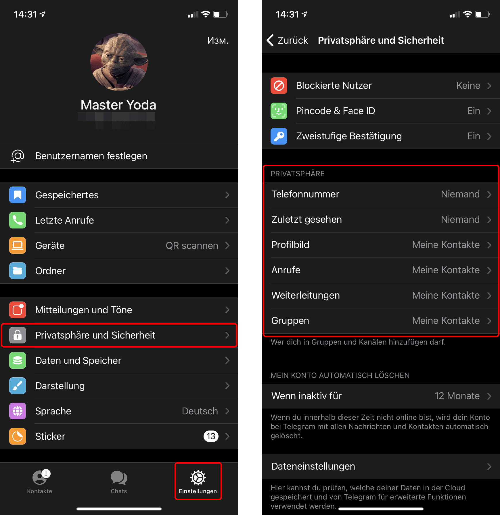 So richten Sie die Privatsphäre-Einstellungen in Telegram ein