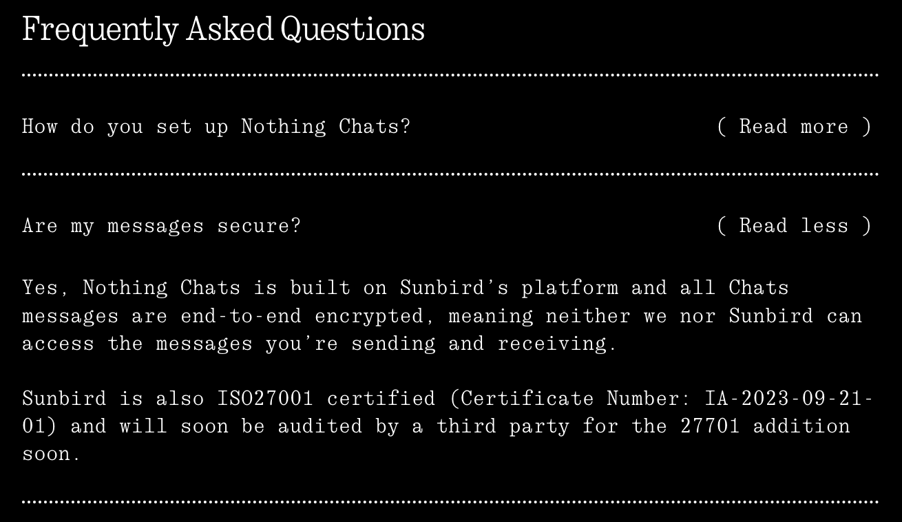 Sicherheitsversprechen auf der Website von Nothing
